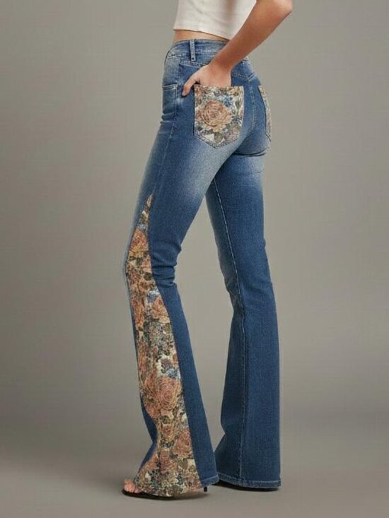 Silk & Lace Denim - Silk & Lace Floral Tapestry Flare Jeans Cotton Denim Tall Inseam 34"
